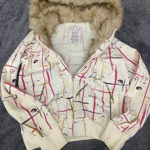 Poof! Women's Cream Patterned Puffer Jacket with Faux Fur Hood
